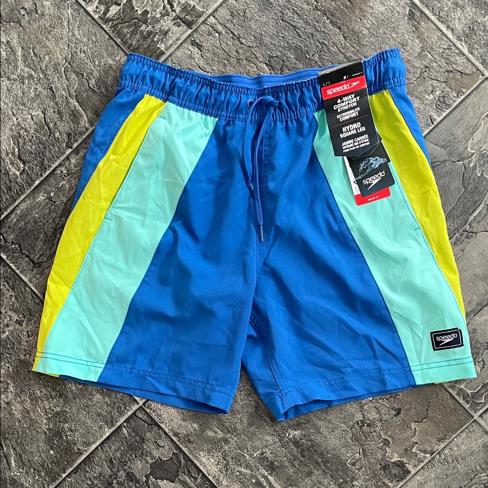 ⭐️NWT SPEEDO Mens Comfort Stretch Square Leg Swim Trunks Aqua Blue Yellow Beach